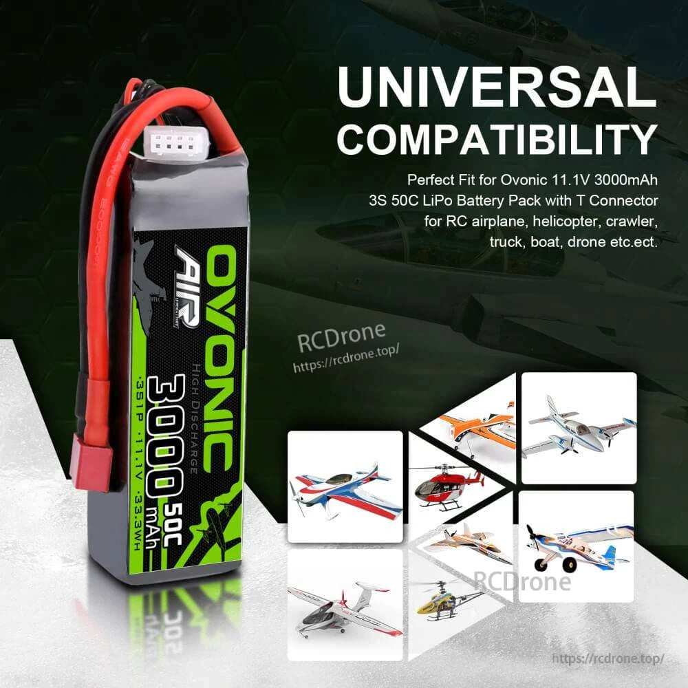 OVONIC 3S 11.1V 3000mAh 50C LiPo Battery shown with Deans T plug and RC model compatibility icons
