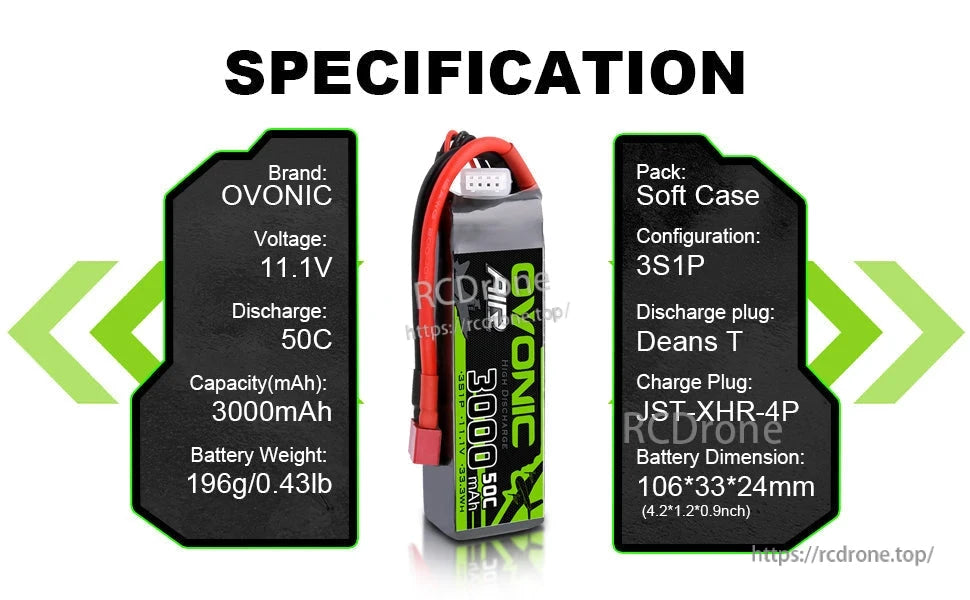 OVONIC 3S 11.1V 3000mAh 50C LiPo Battery specification chart with dimensions, weight, and connectors