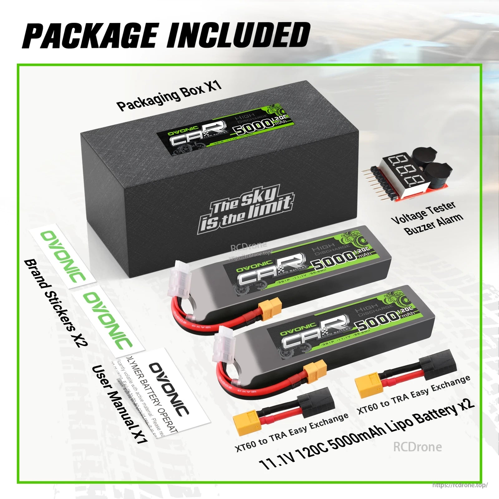 Package contents: 2 LiPo batteries, packaging box, XT60 to TRX adapters, voltage tester buzzer alarm, stickers, manual