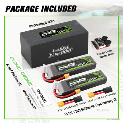 Package contents: 2 LiPo batteries, packaging box, XT60 to TRX adapters, voltage tester buzzer alarm, stickers, manual