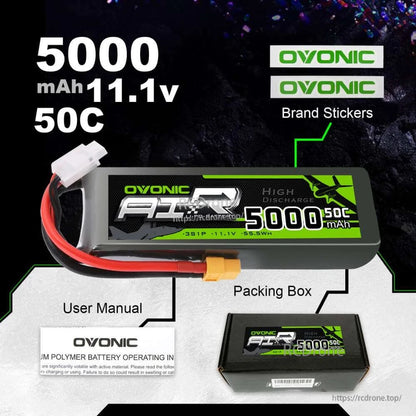 Box contents shown: OVONIC battery, packing box, user manual, and OVONIC brand stickers