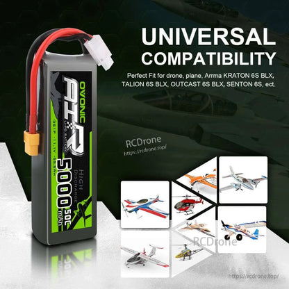 Battery standing upright with “Universal compatibility” graphic and aircraft/drone application icons