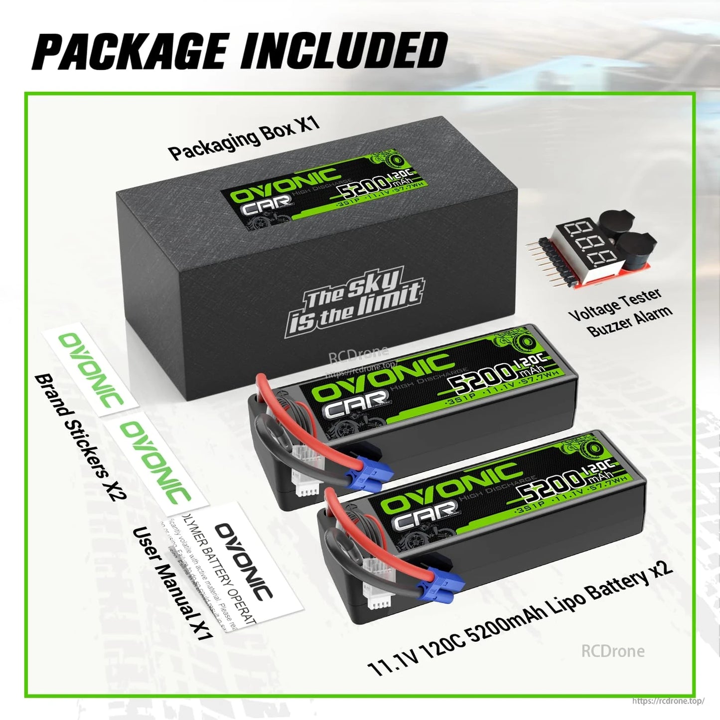 Package contents: two 11.1V 5200mAh 120C LiPo batteries, packaging box, voltage tester, stickers and manual