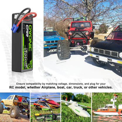OVONIC 5200mAh 3S LiPo battery shown with RC car, truck, helicopter, airplane and boat use cases