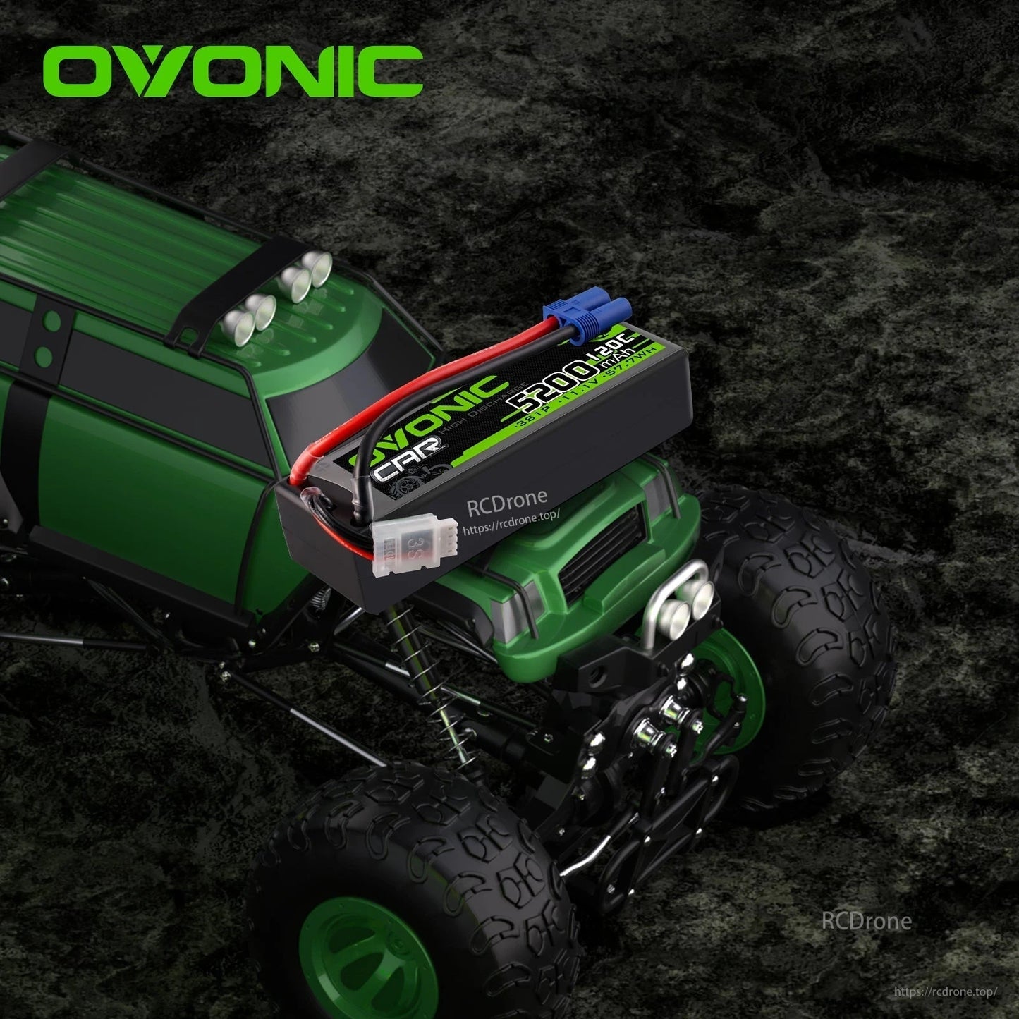 OVONIC 5200mAh 3S LiPo battery shown installed on RC monster truck for application example