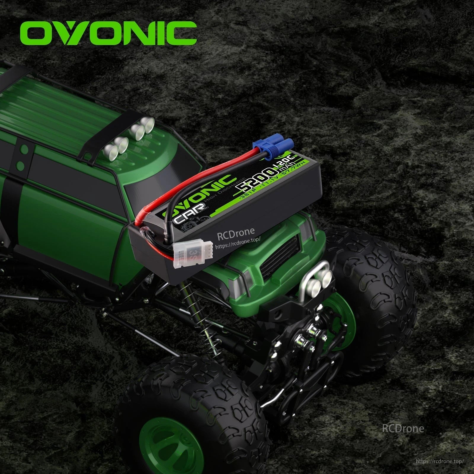 OVONIC 5200mAh 3S LiPo battery shown installed on RC monster truck for application example