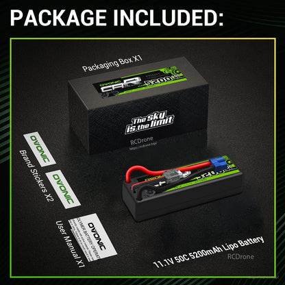 Package contents: OVONIC 11.1V 5200mAh 50C LiPo battery, box, user manual and brand stickers