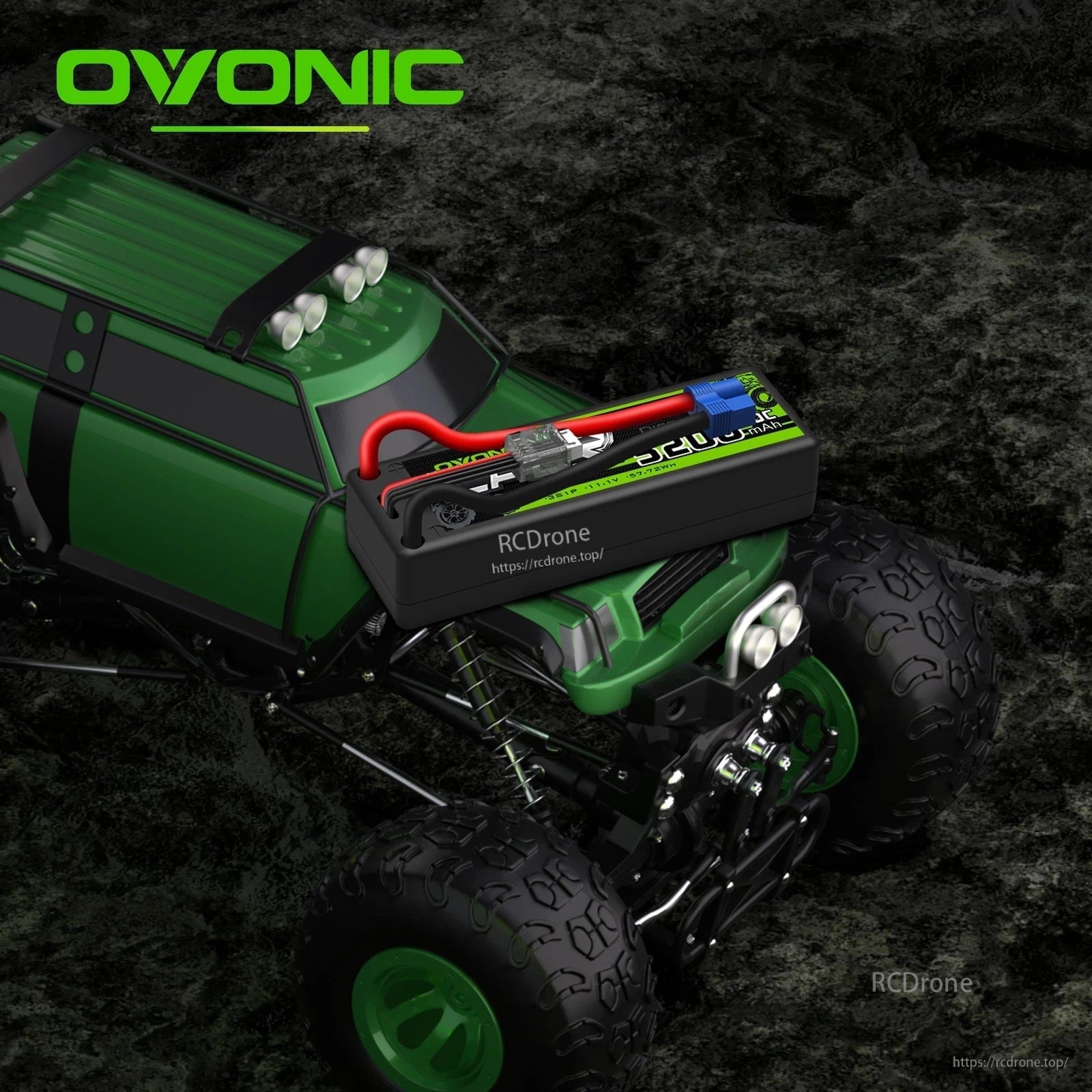 OVONIC hardcase LiPo battery installed in an off-road RC truck, showing fitment in battery tray