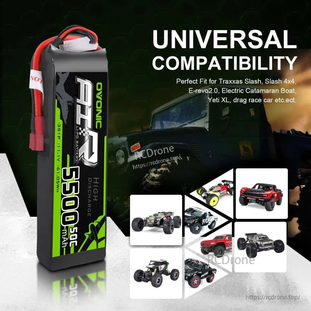 Universal compatibility graphic for OVONIC 3S 5500mAh LiPo battery showing RC cars, truck and boat icons