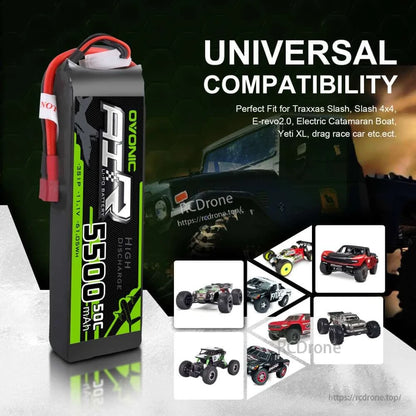 Universal compatibility graphic for OVONIC 3S 5500mAh LiPo battery showing RC cars, truck and boat icons