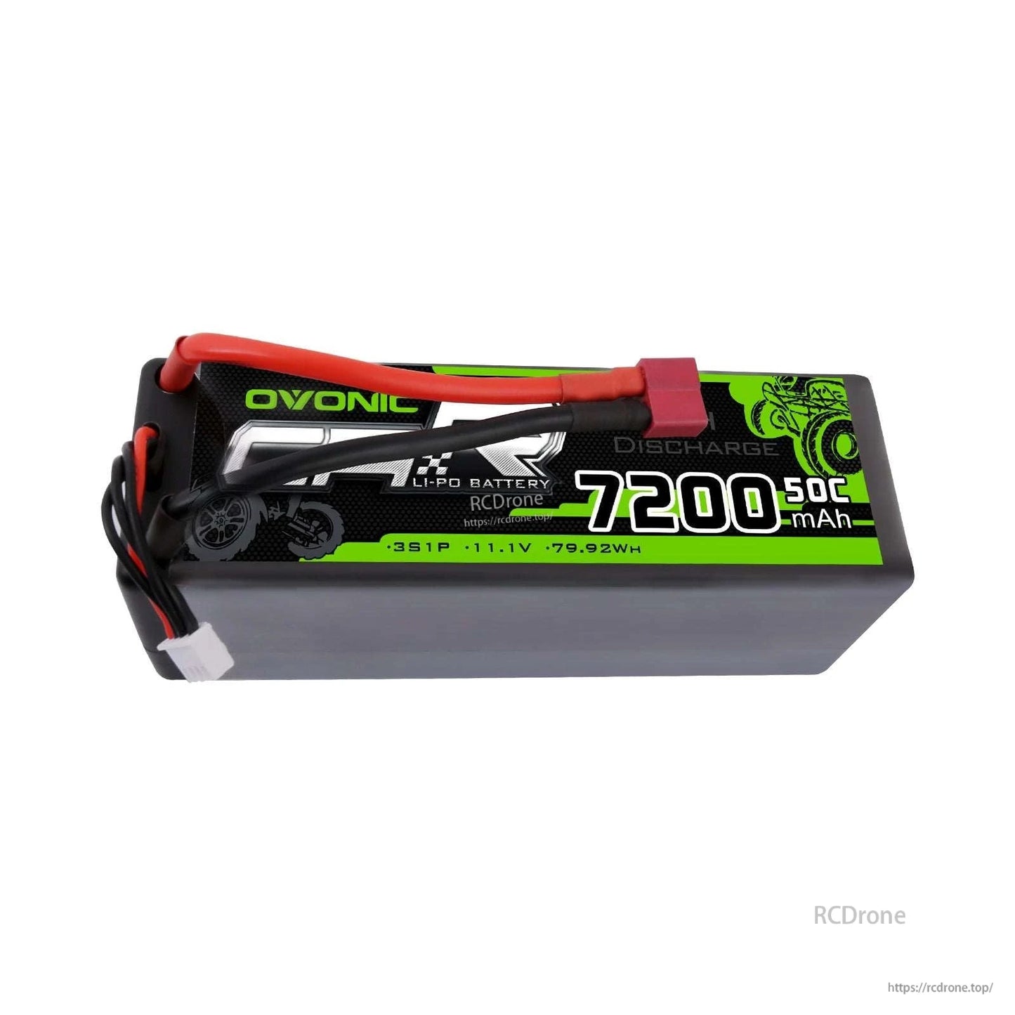 OVONIC 3S 11.1V 7200mAh 50C hardcase LiPo battery pack side view with label and connector leads