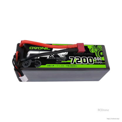 OVONIC 3S 11.1V 7200mAh 50C hardcase LiPo battery pack side view with label and connector leads