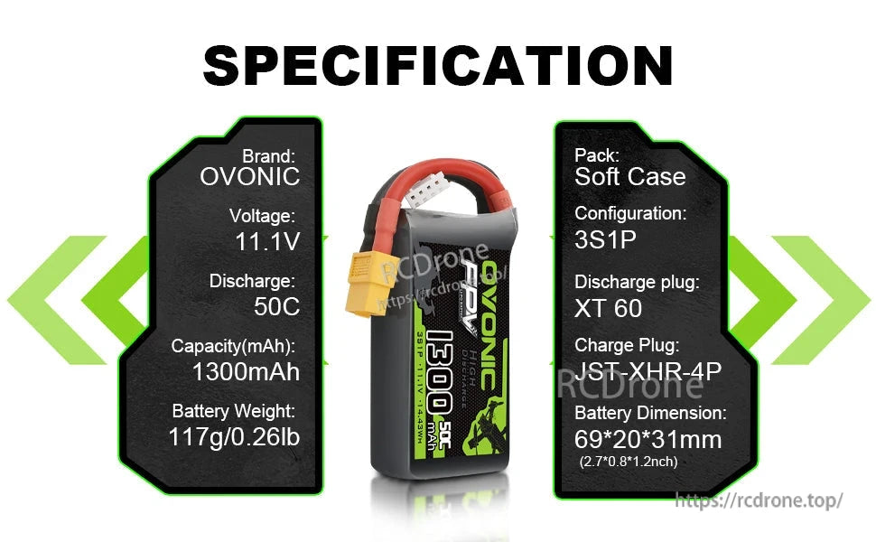 Specification graphic listing OVONIC 11.1V 50C 1300mAh, XT60 plug, JST-XHR-4P and 69×20×31mm