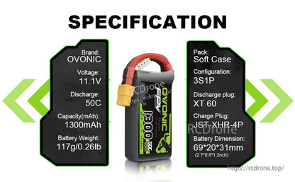 Specification graphic listing OVONIC 11.1V 50C 1300mAh, XT60 plug, JST-XHR-4P and 69×20×31mm
