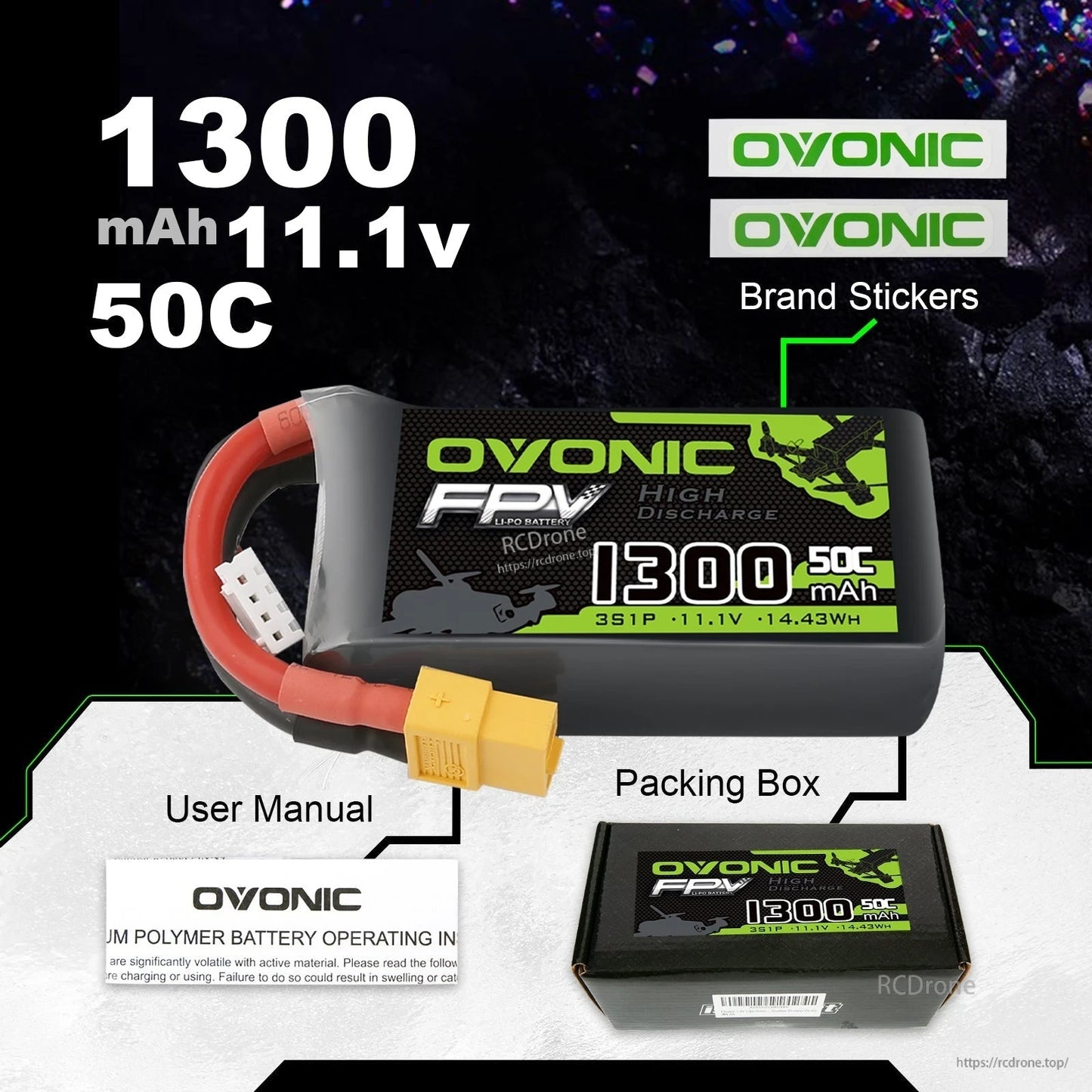 Package contents shown: 1300mAh 11.1V 50C battery, user manual, packing box and OVONIC stickers