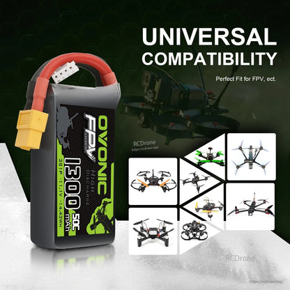 OVONIC 3S 1300mAh 50C 11.1V LiPo battery universal compatibility graphic for FPV and RC drones