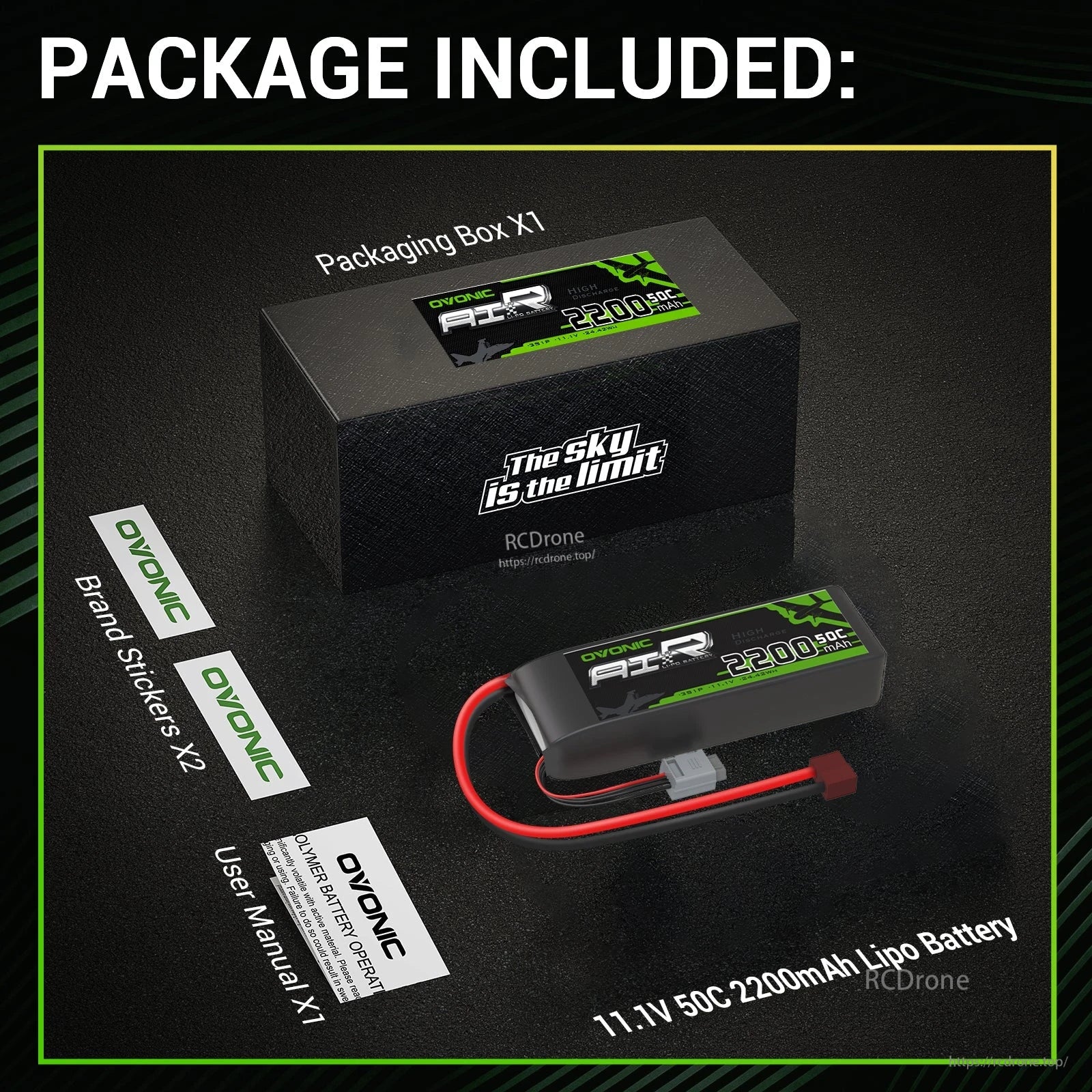 Package contents: OVONIC 11.1V 2200mAh 50C LiPo battery, packaging box, stickers, and user manual