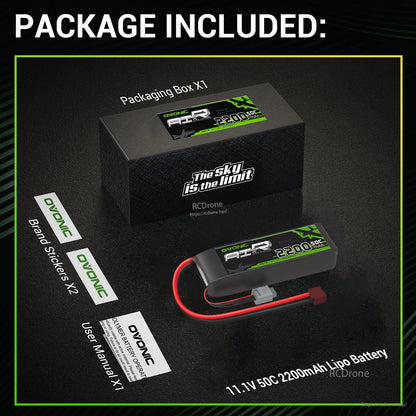 Package contents: OVONIC 11.1V 2200mAh 50C LiPo battery, packaging box, stickers, and user manual