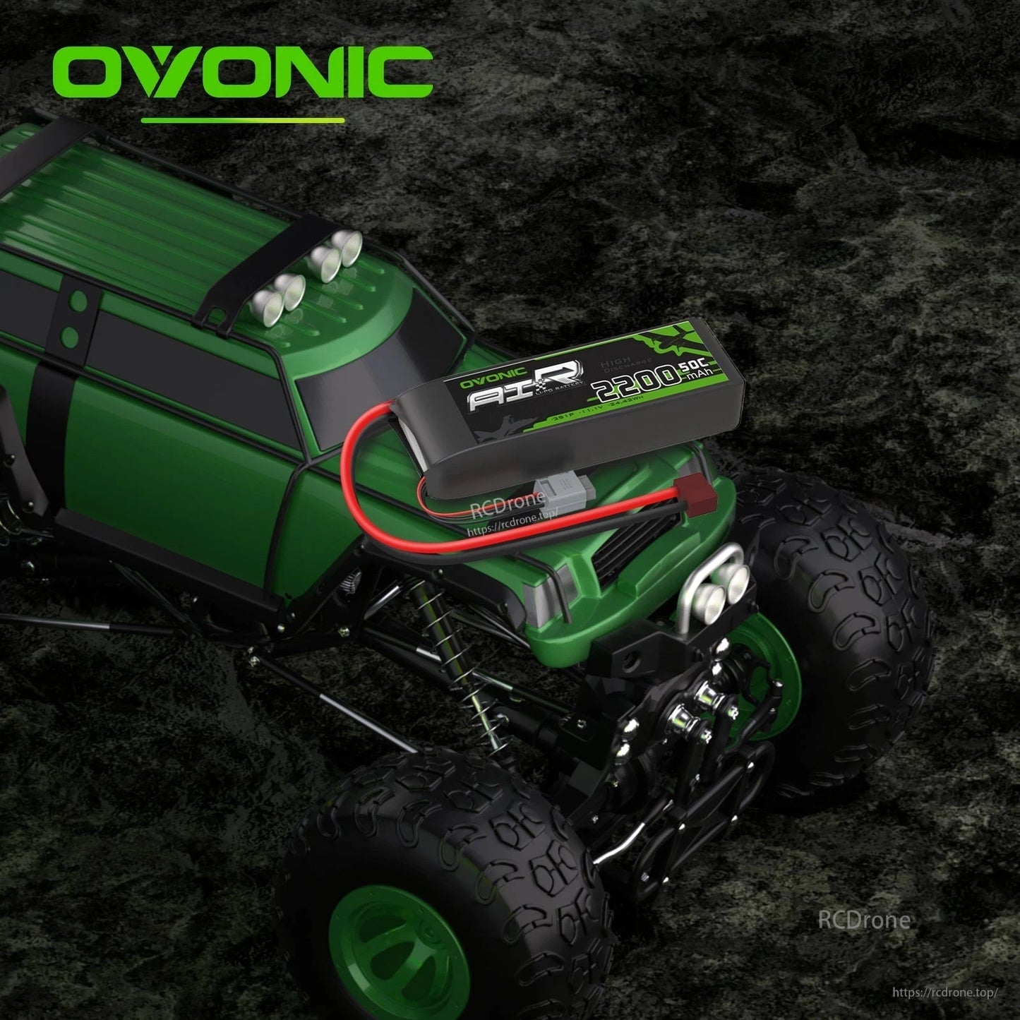 OVONIC LiPo battery shown installed on RC off-road truck as an example use case