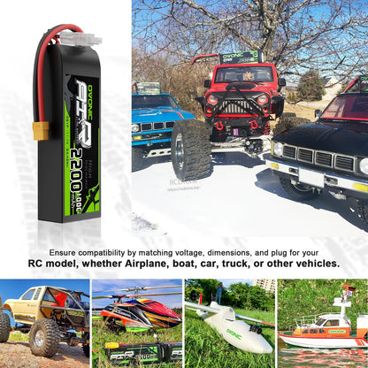 Short LiPo battery shown for RC models and vehicles, with collage of trucks, airplane, helicopter, and boat examples