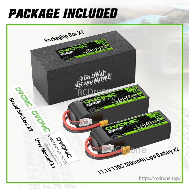 Package contents: two OVONIC 11.1V 130C 3000mAh 3S LiPo batteries, box, stickers and user manual