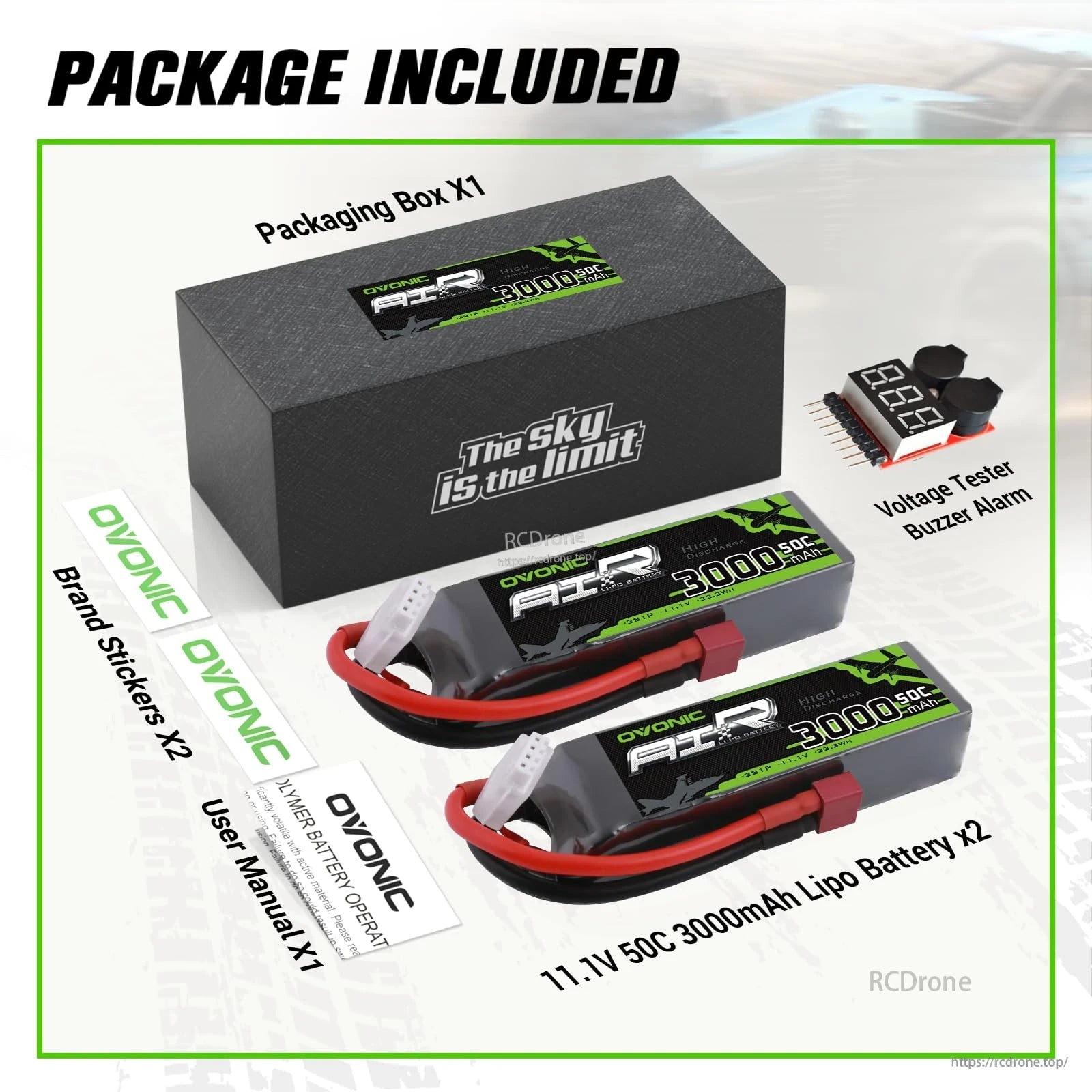 Package included: two 11.1V 3000mAh 50C LiPo batteries, voltage tester, stickers, manual, box