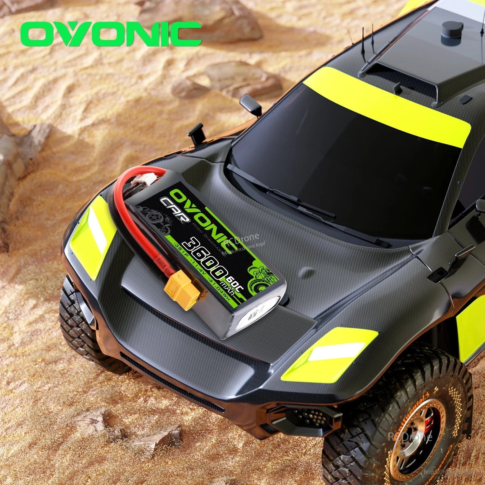 OVONIC 3S 3600mAh battery shown on RC car body as use-case example with XT60 connector visible