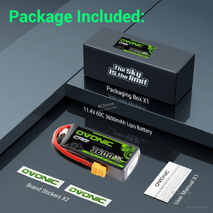 Package contents: OVONIC 3600mAh 11.4V 60C LiPo battery, packaging box, brand stickers, and user manual