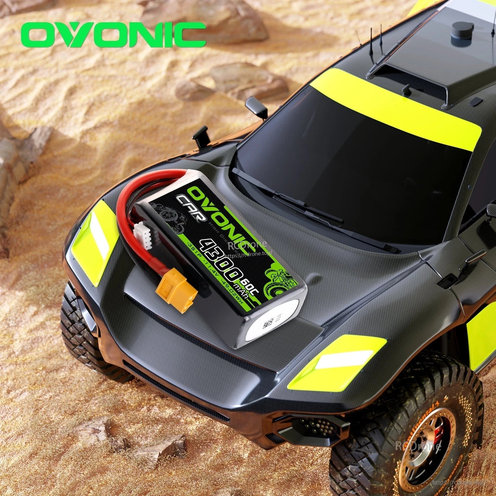OVONIC 3S 4300mAh 11.4V LiHV 60C battery shown on RC off-road car body as use case