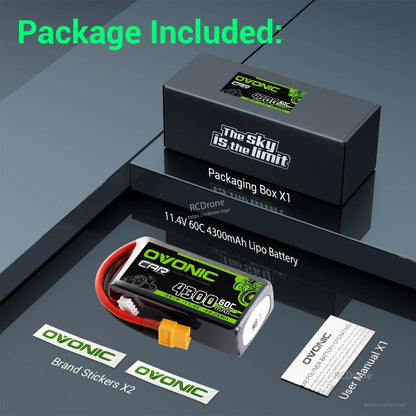 Package contents: OVONIC 4300mAh 3S battery, box, user manual, and brand stickers