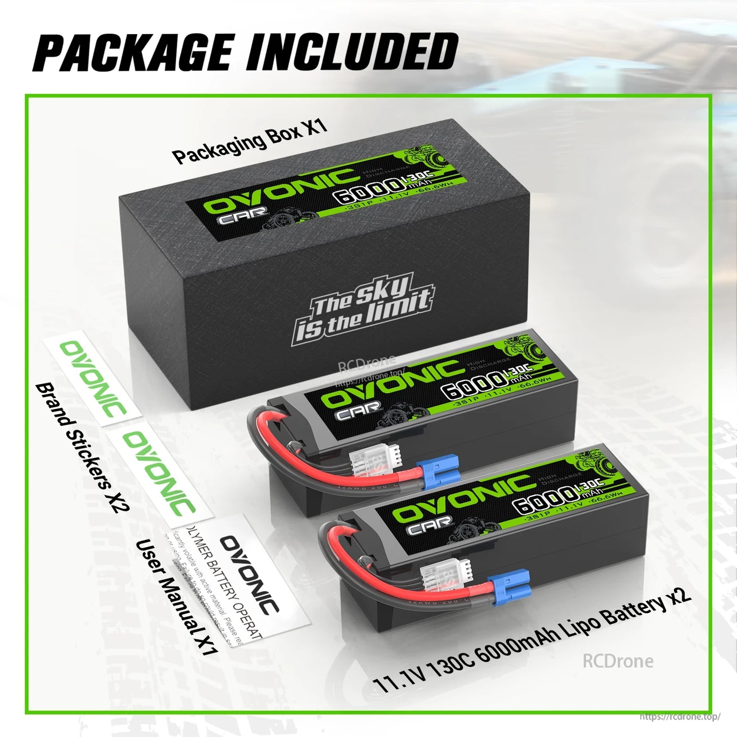Package contents: two OVONIC 11.1V 130C 6000mAh LiPo batteries, packaging box, stickers and user manual
