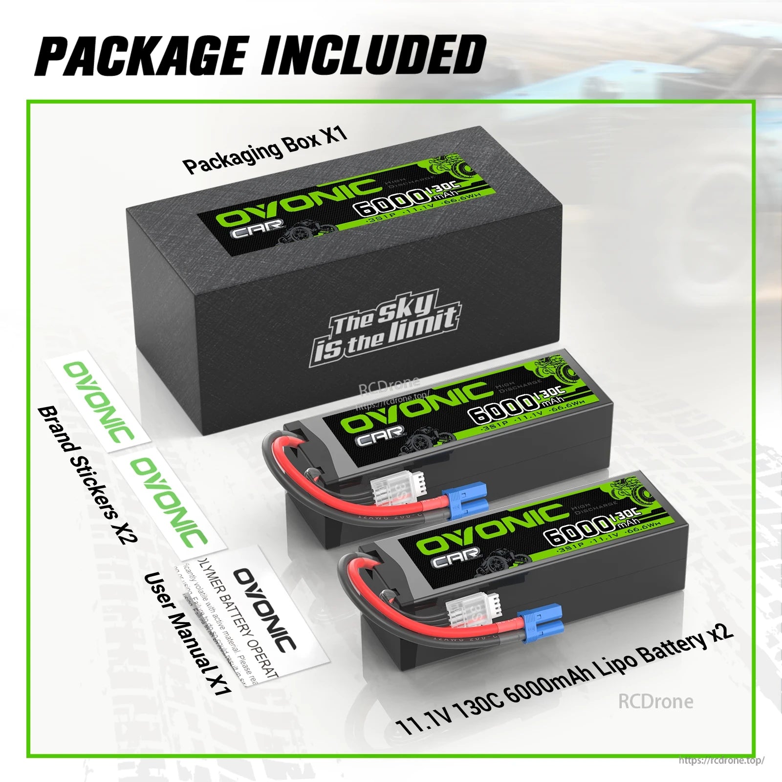Package contents: two OVONIC 11.1V 130C 6000mAh LiPo batteries, packaging box, stickers and user manual