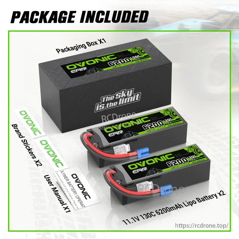 Package included: OVONIC 3S 6200mAh 11.1V 130C hardcase LiPo battery 2-pack with box, stickers and manual