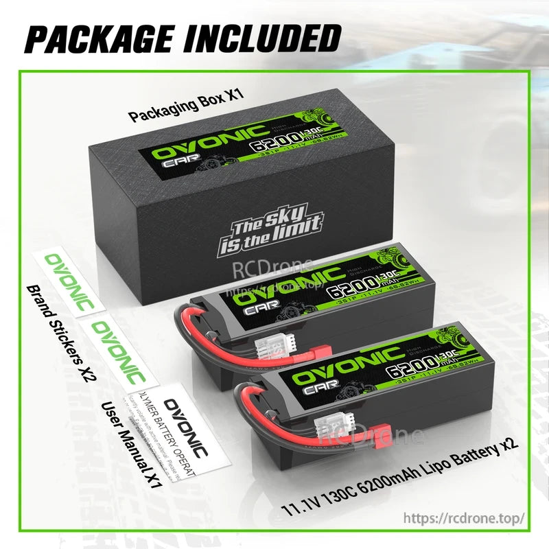 Package contents: two OVONIC 11.1V 6200mAh 130C hardcase LiPo batteries with box, stickers and manual