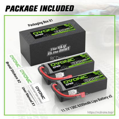 Package contents: two OVONIC 11.1V 6200mAh 130C hardcase LiPo batteries with box, stickers and manual