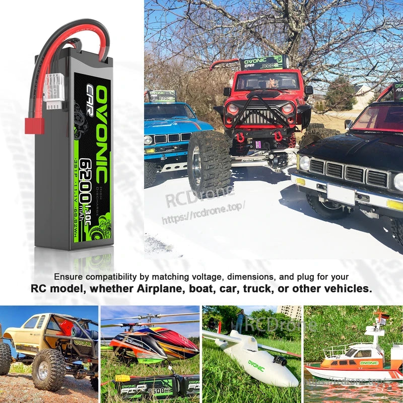 Hardcase LiPo battery shown with RC car, truck, boat and airplane examples for size and connector matching