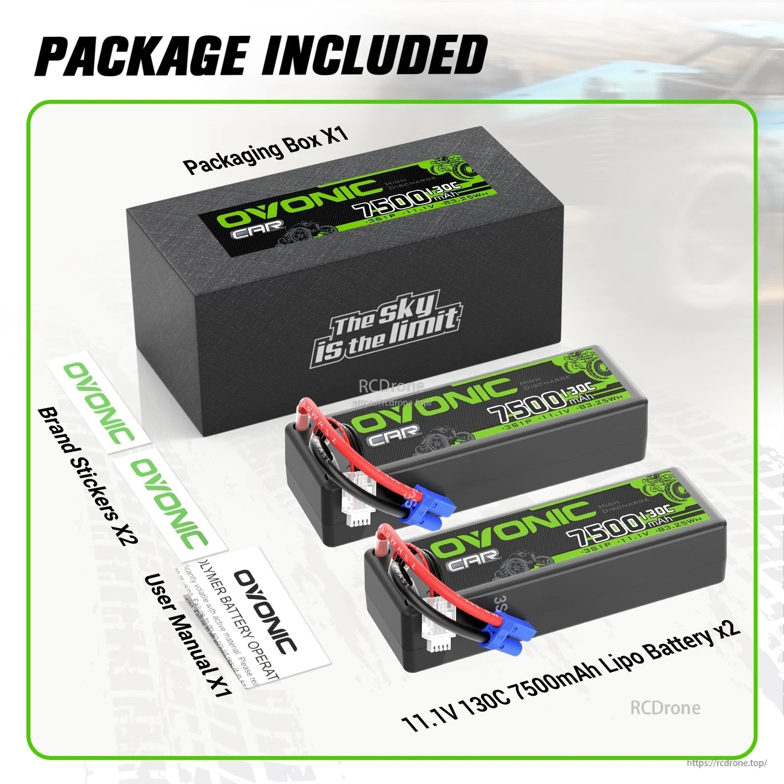 Package contents for OVONIC 3S 7500mAh 11.1V 130C LiPo battery 2-pack: two packs, box, stickers and user manual