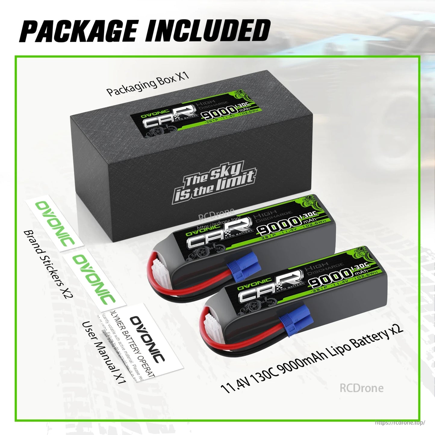 Package contents: two 11.4V 9000mAh LiPo batteries, packaging box, brand stickers and user manual