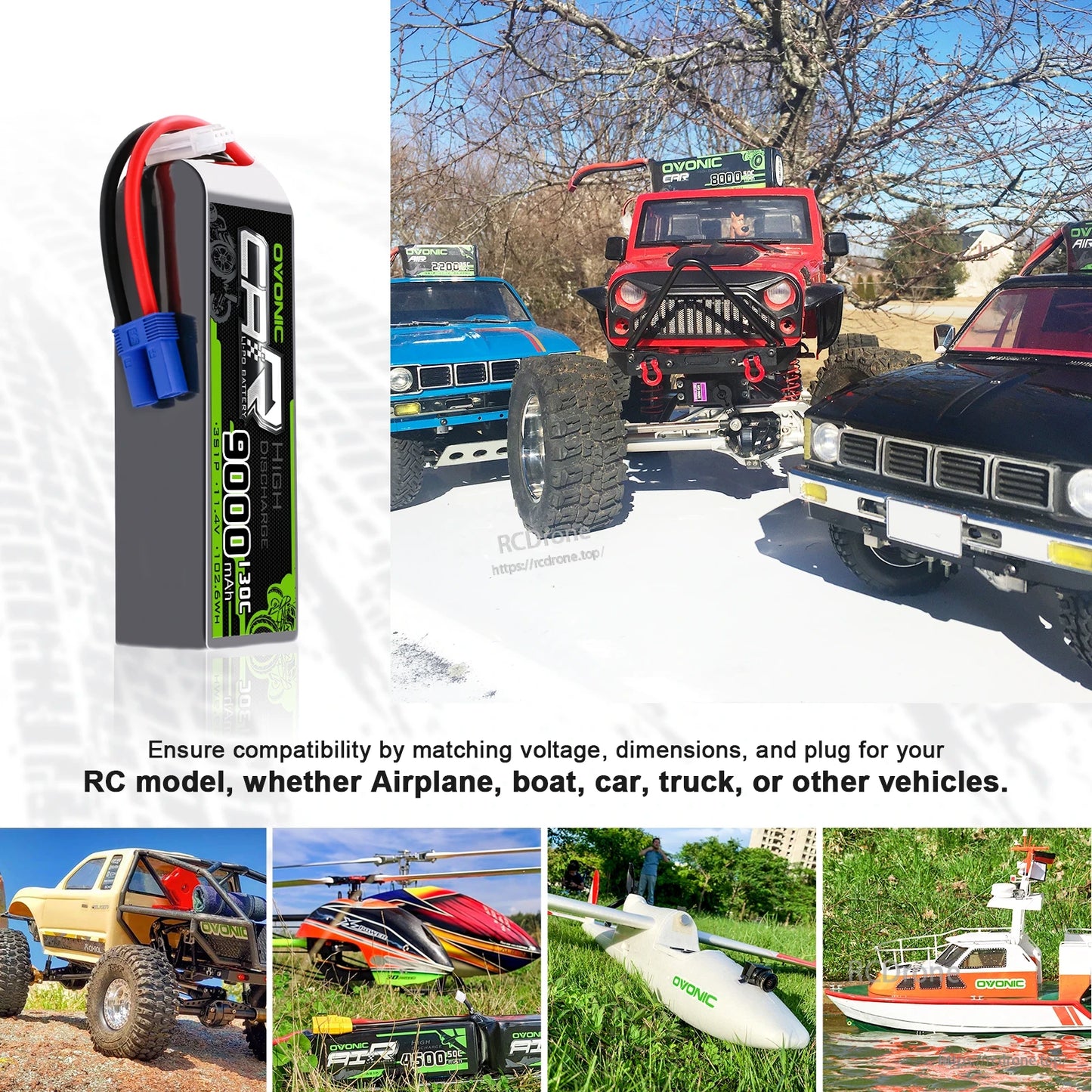 RC battery application collage showing pack beside RC cars, truck, airplane and boat examples