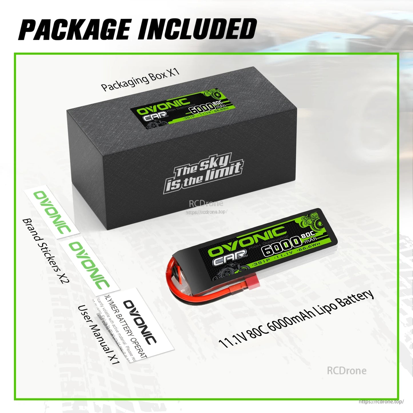 Package included: OVONIC battery, packaging box, brand stickers, and user manual