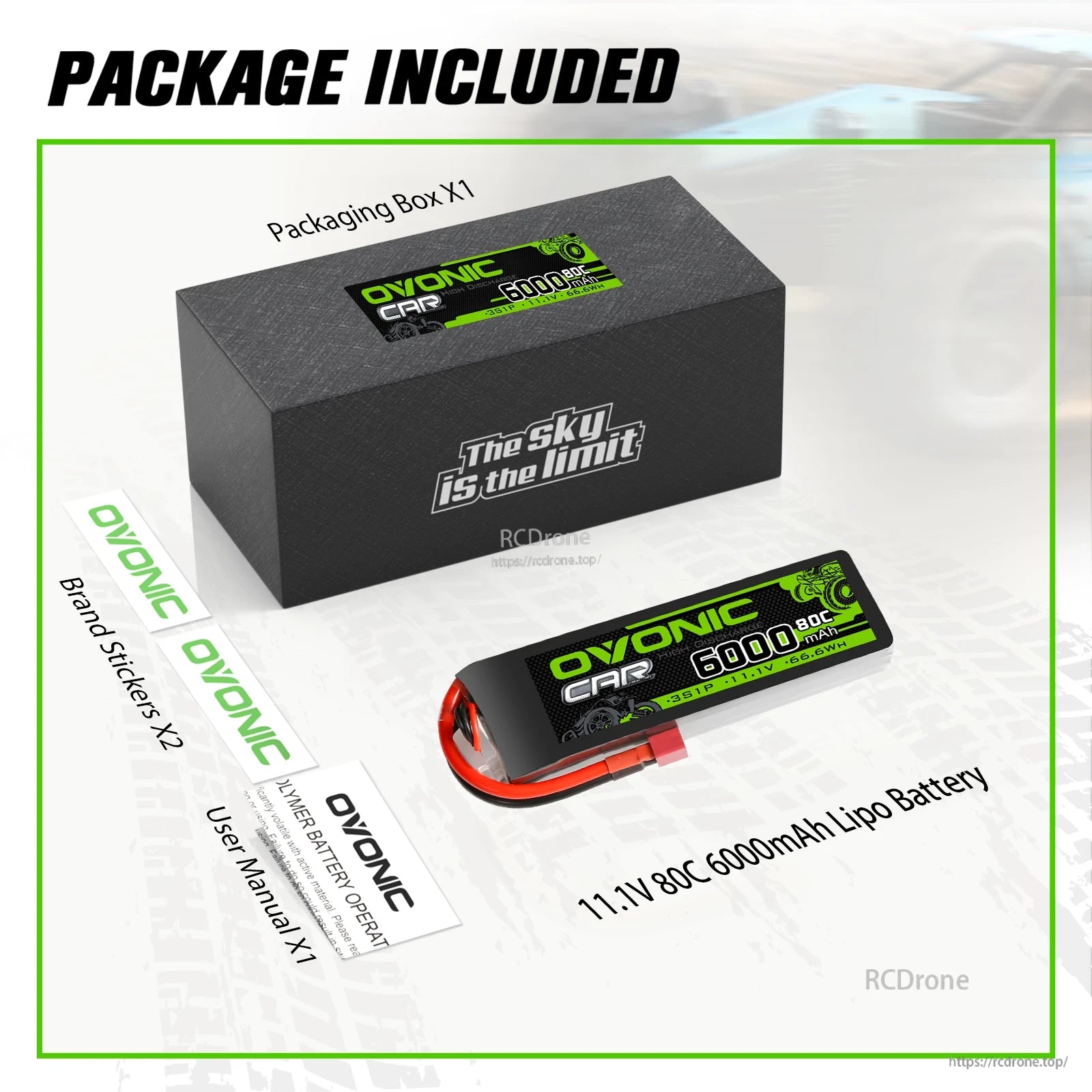 Package included: OVONIC battery, packaging box, brand stickers, and user manual