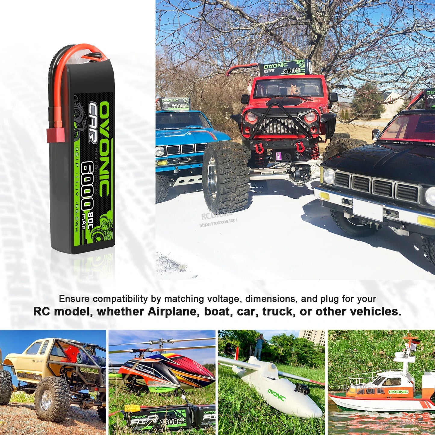 RC use case collage showing OVONIC battery with RC cars, airplane, and boat compatibility examples