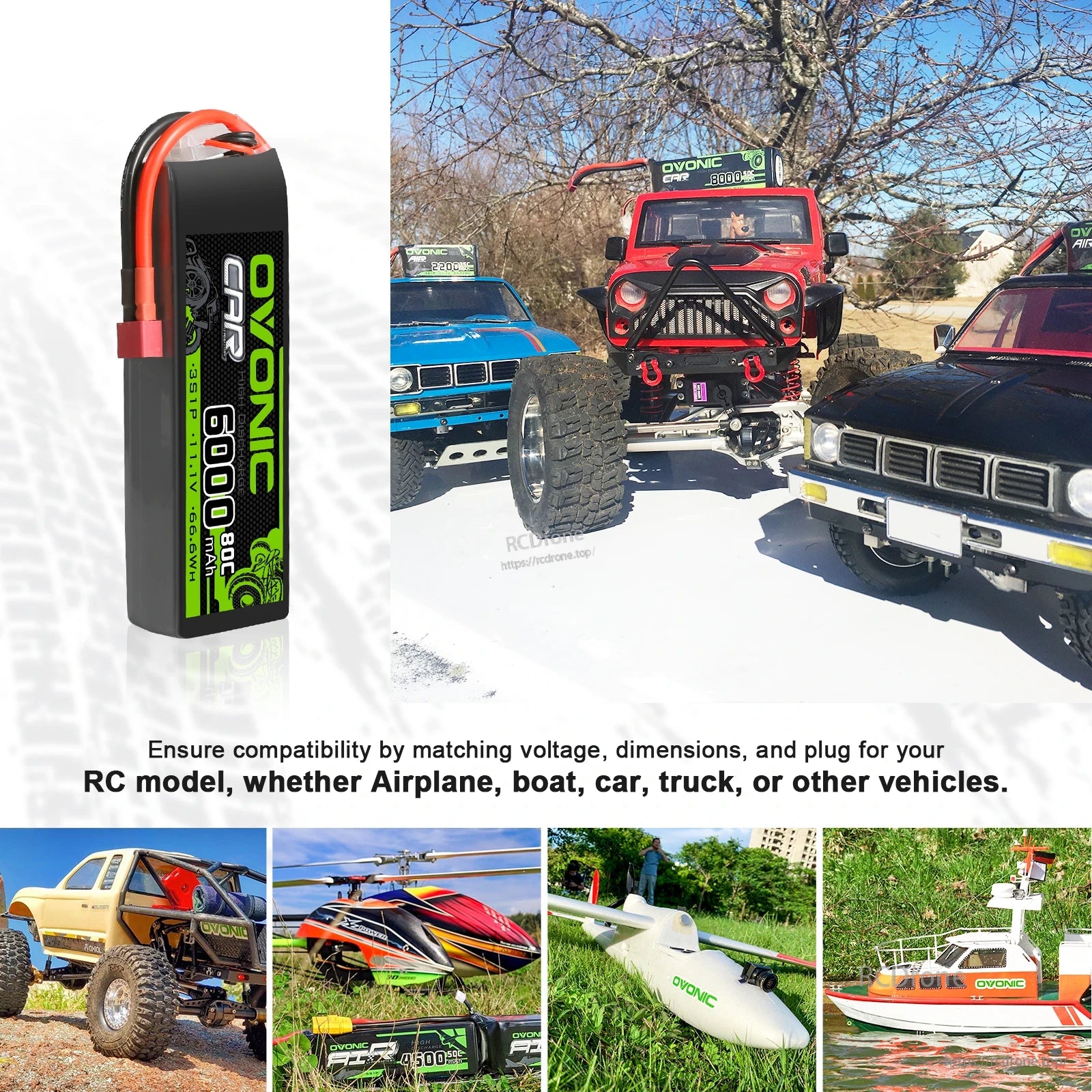 RC use case collage showing OVONIC battery with RC cars, airplane, and boat compatibility examples