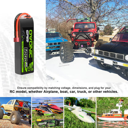 RC use case collage showing OVONIC battery with RC cars, airplane, and boat compatibility examples