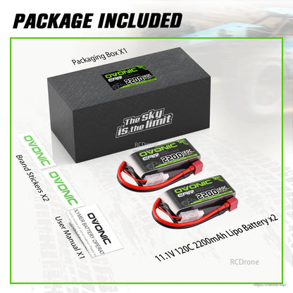 Package included: packaging box, two 11.1V 2200mAh LiPo batteries, brand stickers, and user manual