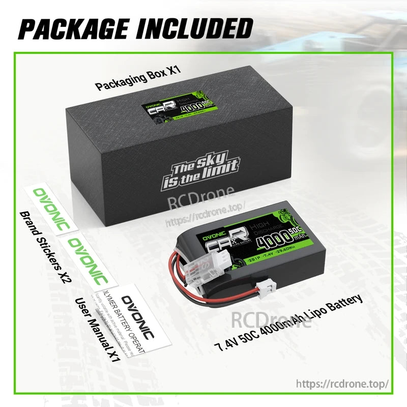 Package contents: OVONIC 7.4V 50C 4000mAh LiPo battery, packaging box, brand stickers and user manual