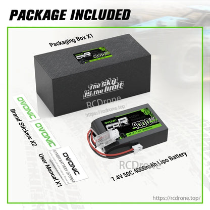 Package contents: OVONIC 7.4V 50C 4000mAh LiPo battery, packaging box, brand stickers and user manual