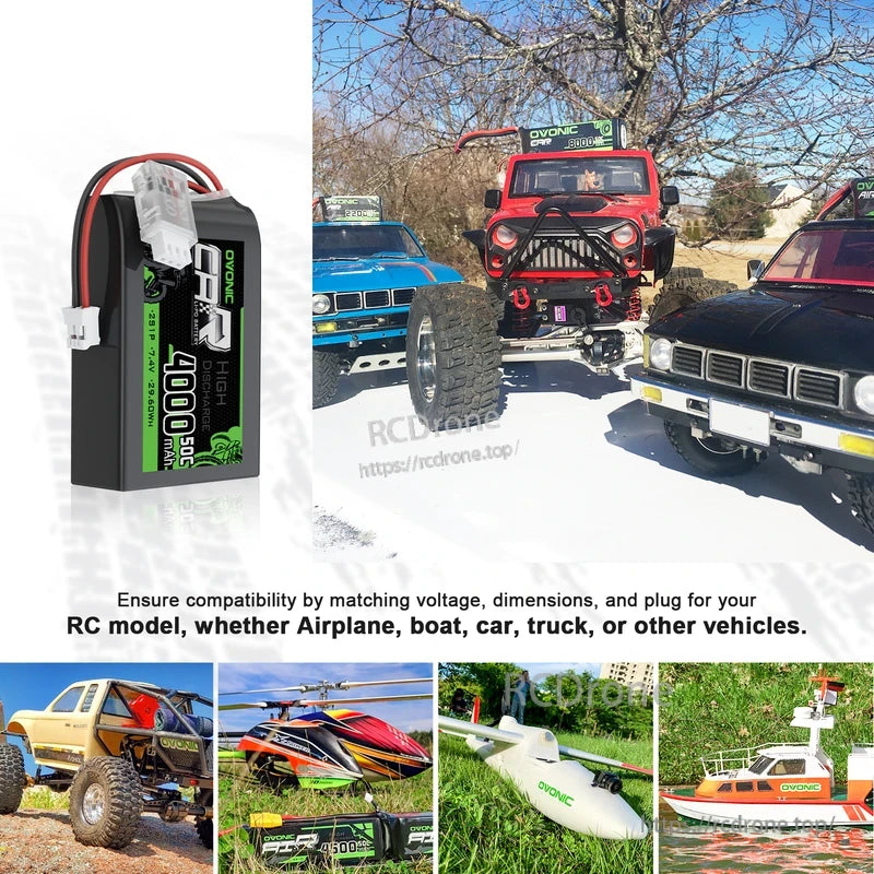 OVONIC 4000mAh 2S 50C 7.4V TX LiPo battery shown for RC model use cases like car, truck, boat and aircraft
