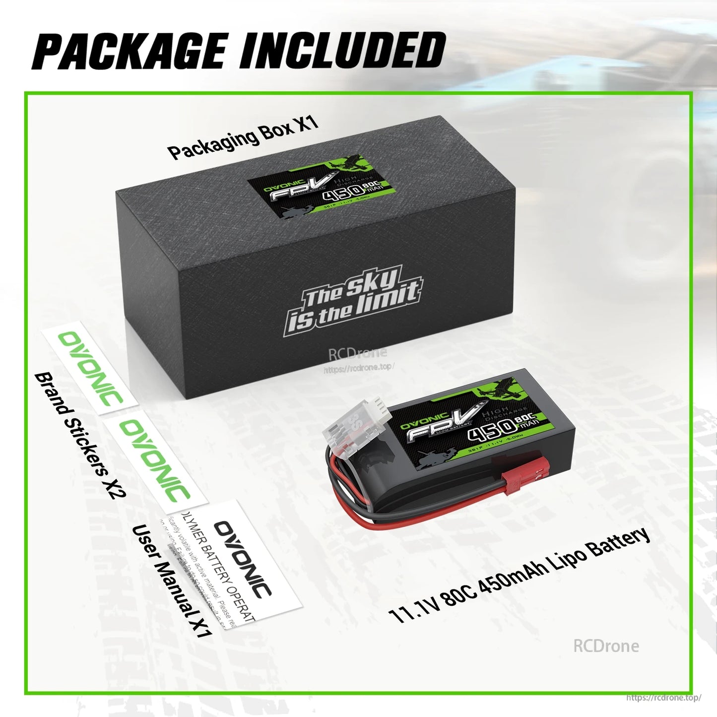 Package included: box, 11.1V 80C 450mAh LiPo battery, two brand stickers and user manual