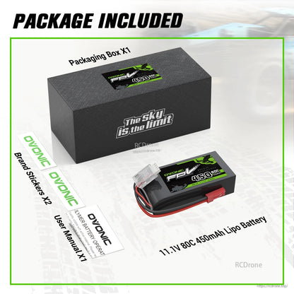 Package included: box, 11.1V 80C 450mAh LiPo battery, two brand stickers and user manual